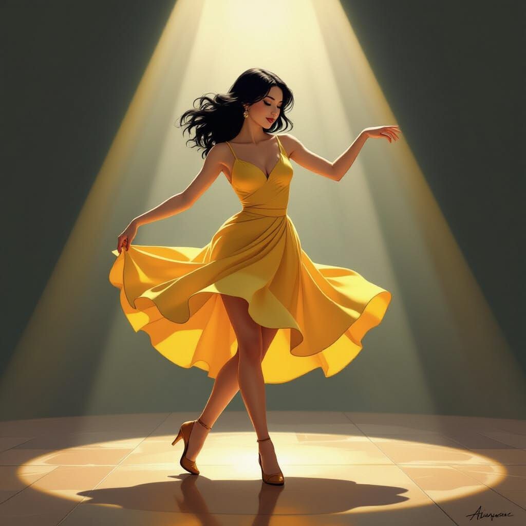 Young Woman Dancing in Spotlight, Art Nouveau Style