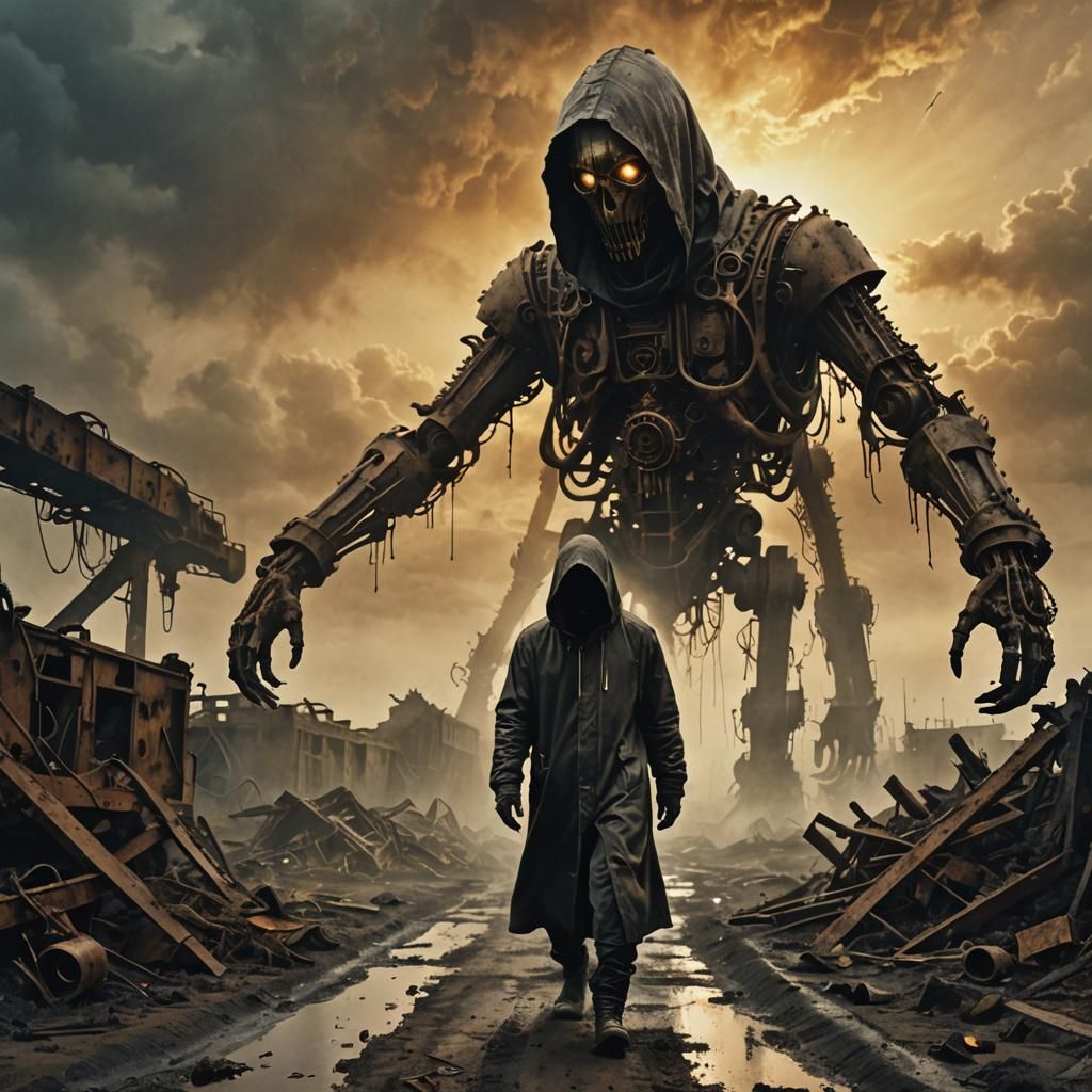 Dystopian Wasteland: A Surreal Mechanical Grim Reaper