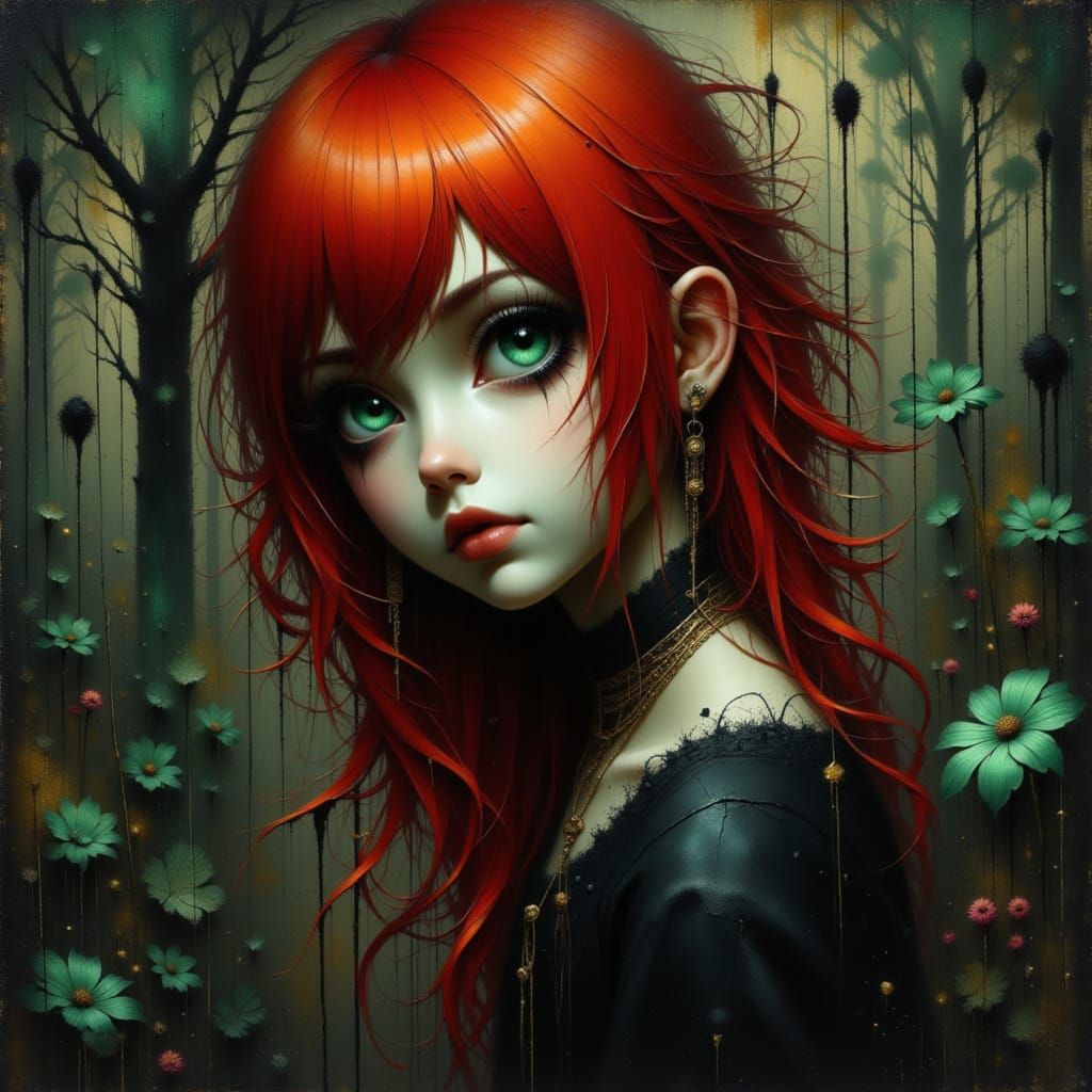 Goth Girl Portrait with Red Hair in Forest