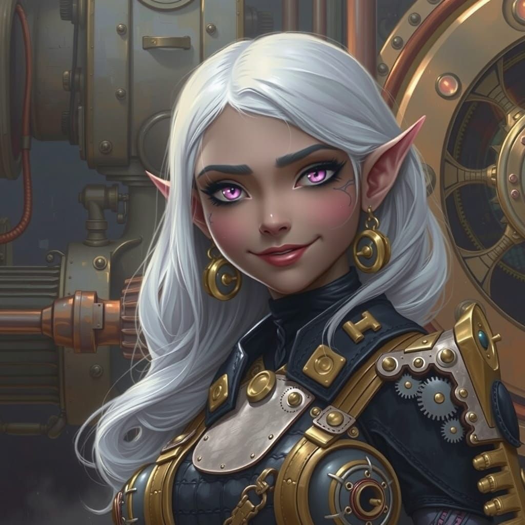 Steampunk Drow Elf with Gears and Engine Backdrop