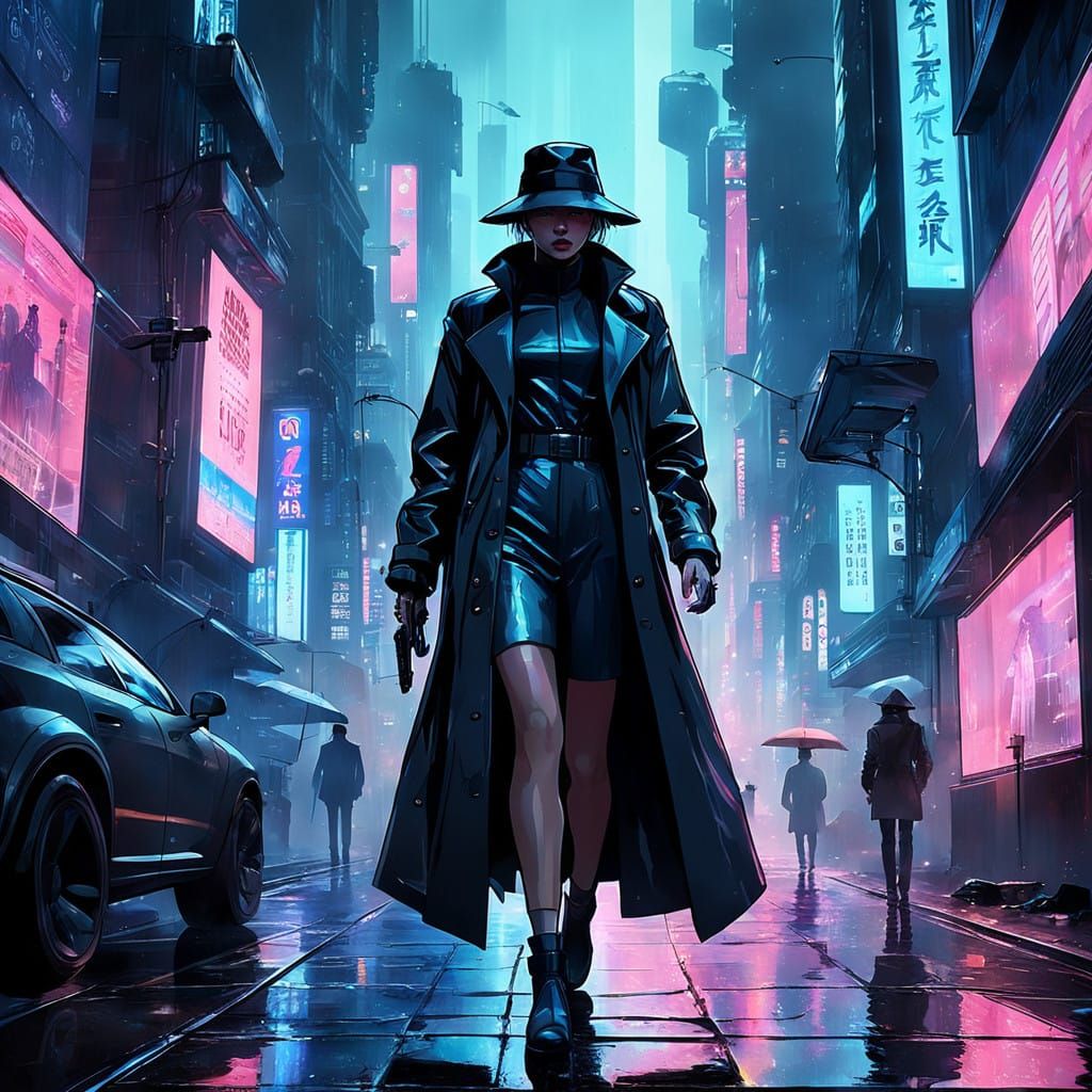 Rainy Cyberpunk Cityscape in a Futuristic Aesthetic