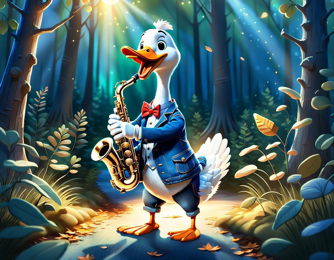 Cartoon Goose Saxophonist in Forest Concept Art