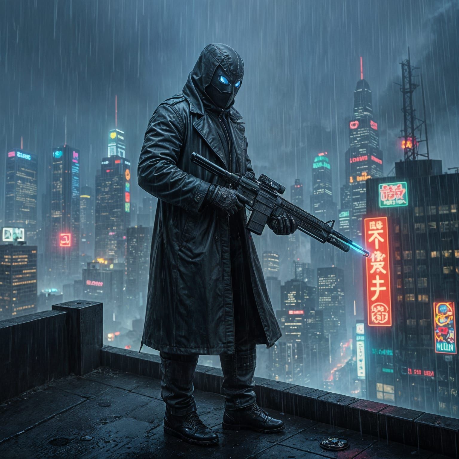 Masked Vigilante Over Cyberpunk City as Cinematic Still