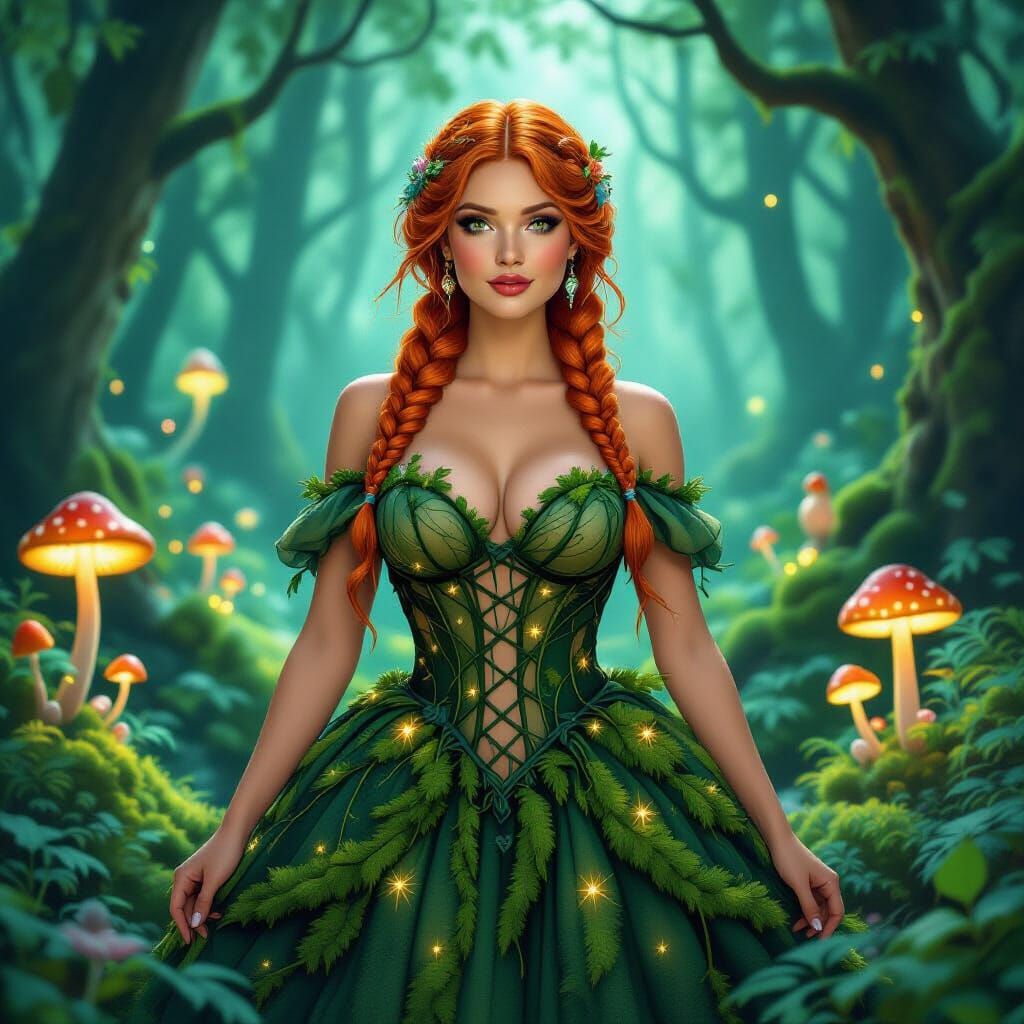 Woman with Floral Braids in Bioluminescent Forest