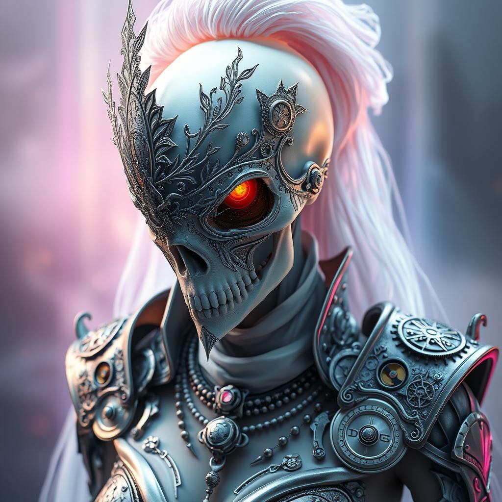 Ethereal Entity with Mask in Dreamlike Waterfall Scene