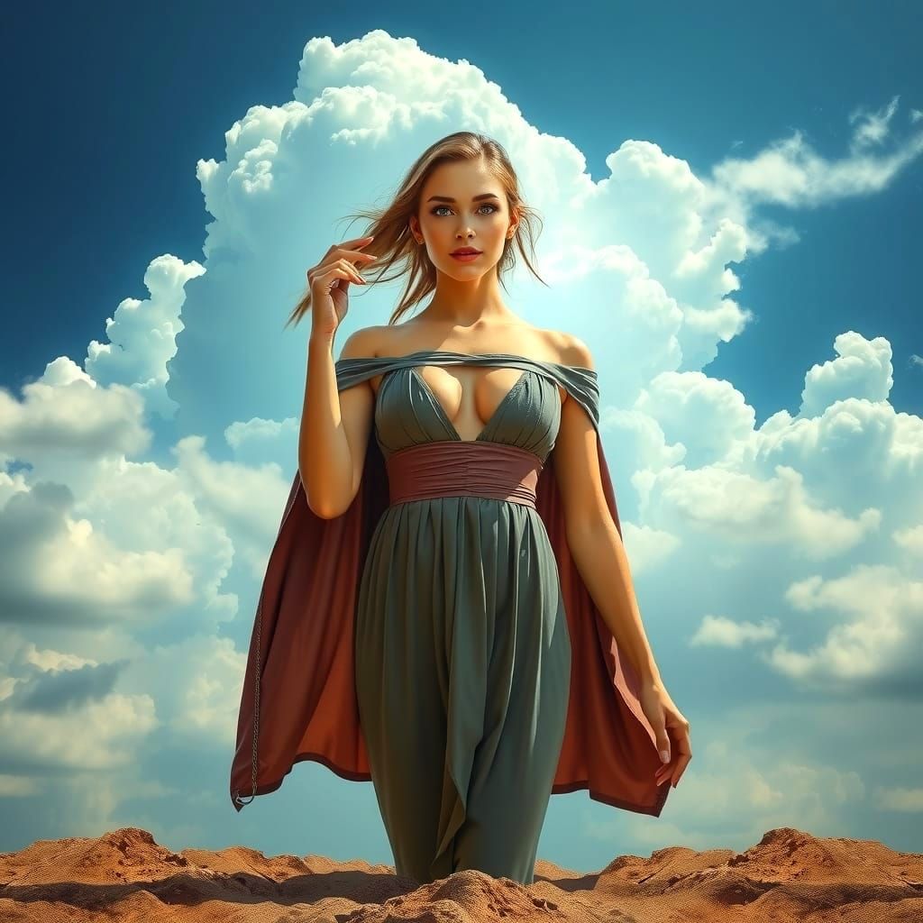 Surreal Woman Holds Apart Sky and Earth