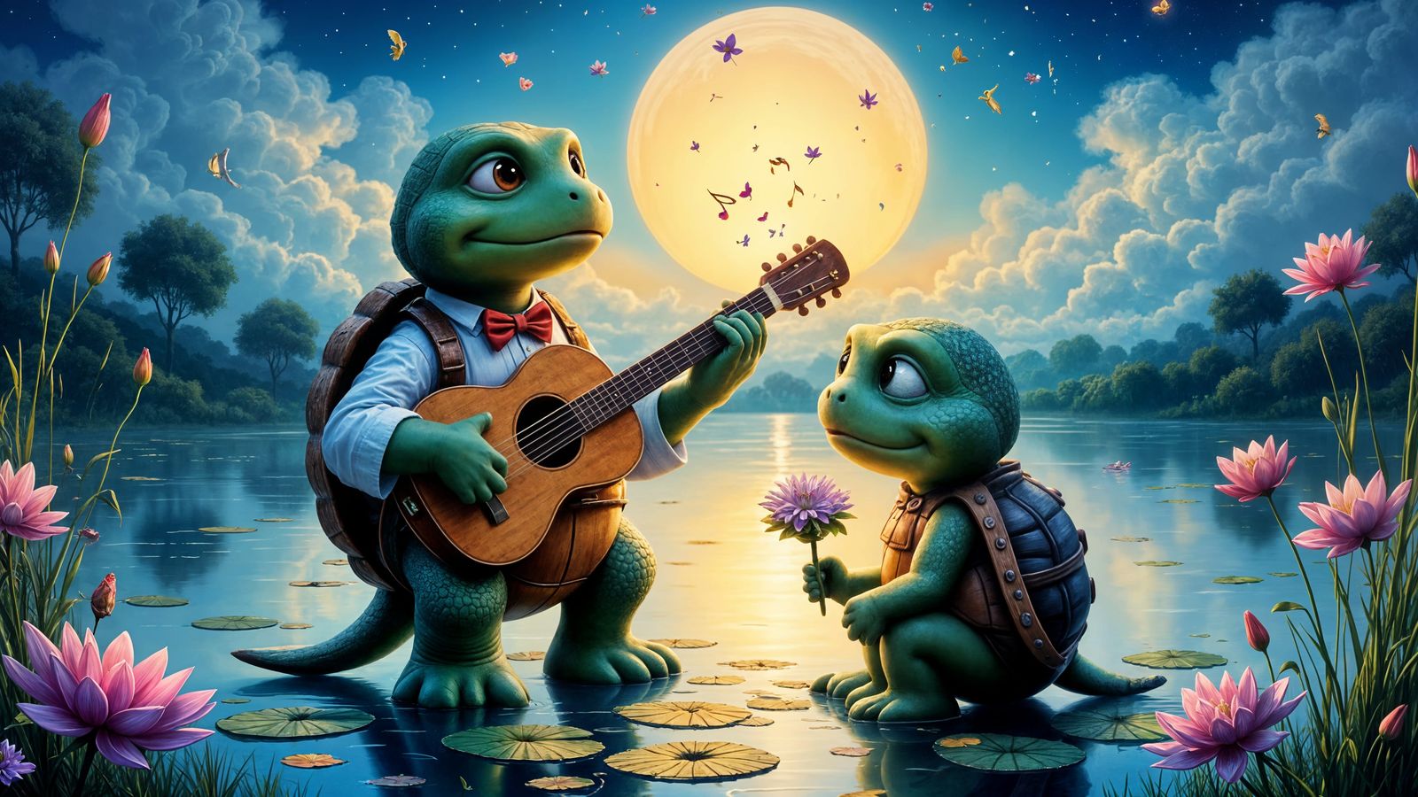 Romantic Turtles Serenade in Impasto Cartoon Style