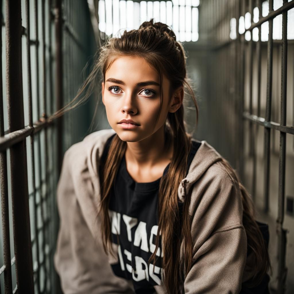 Teenage Girl in Jail Cell with Ripped Clothes