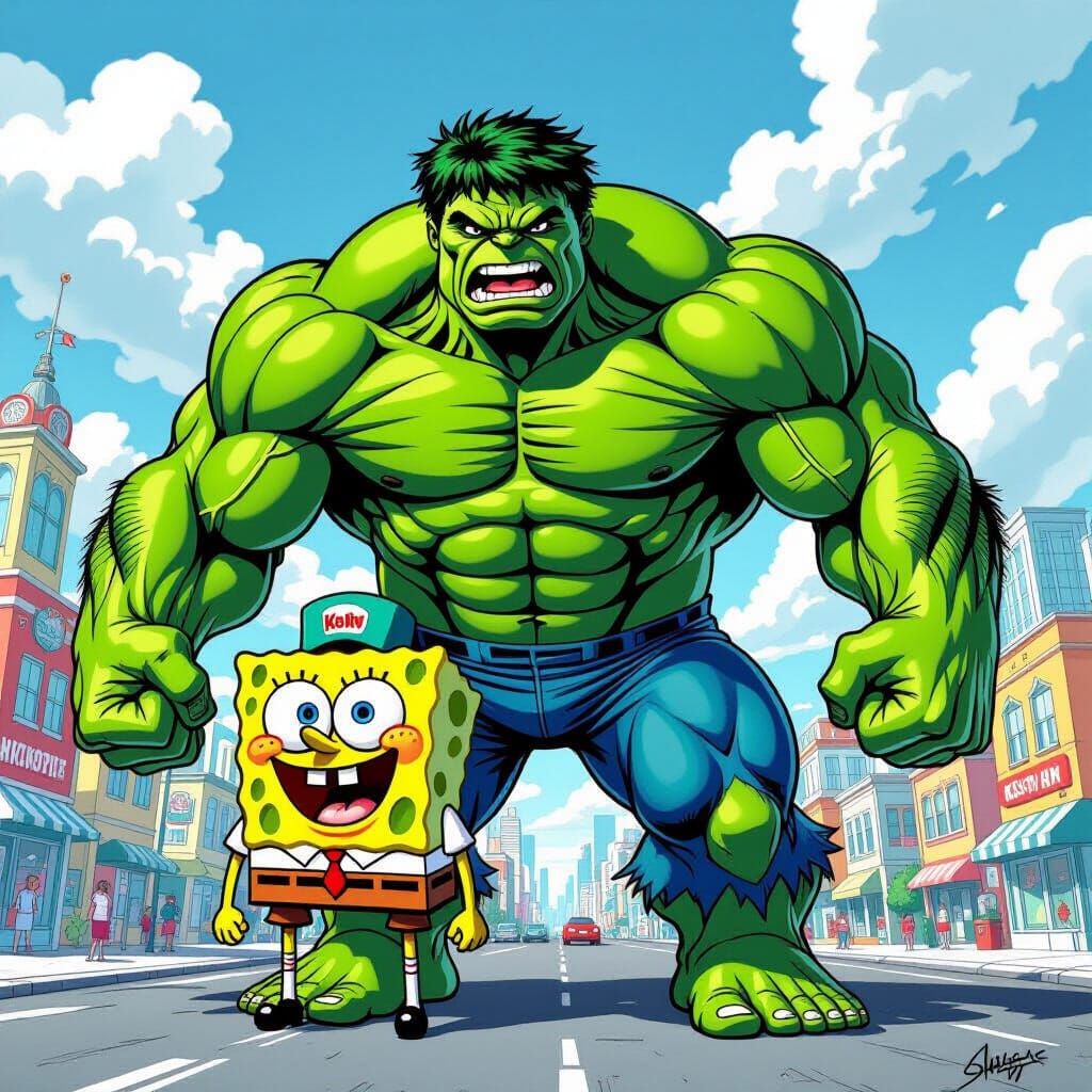 Hulk and SpongeBob Fusion in Comic Book Style
