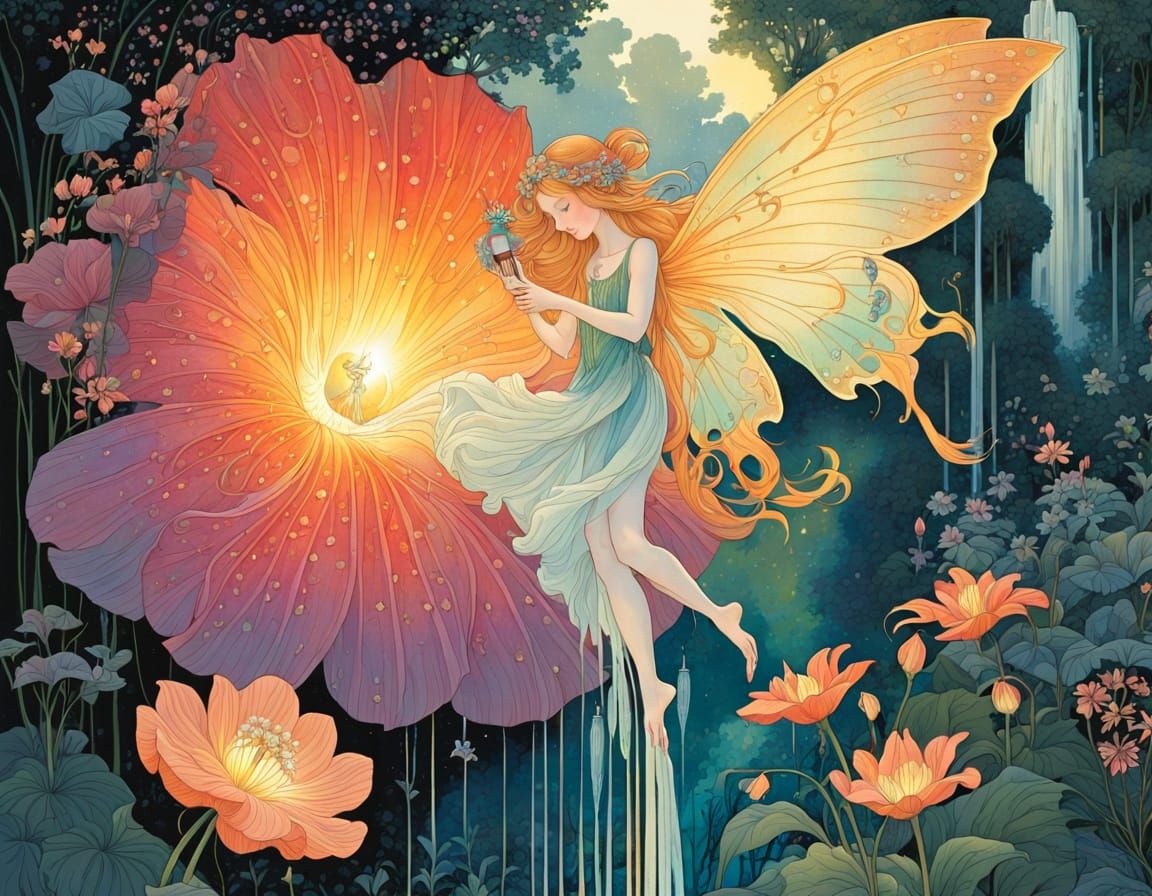 Enchanting Garden Fairy and Magical Waterfall