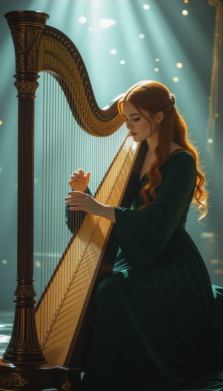Ginny Weasley Harpist in Angelic Light, Cinematic 3D Art