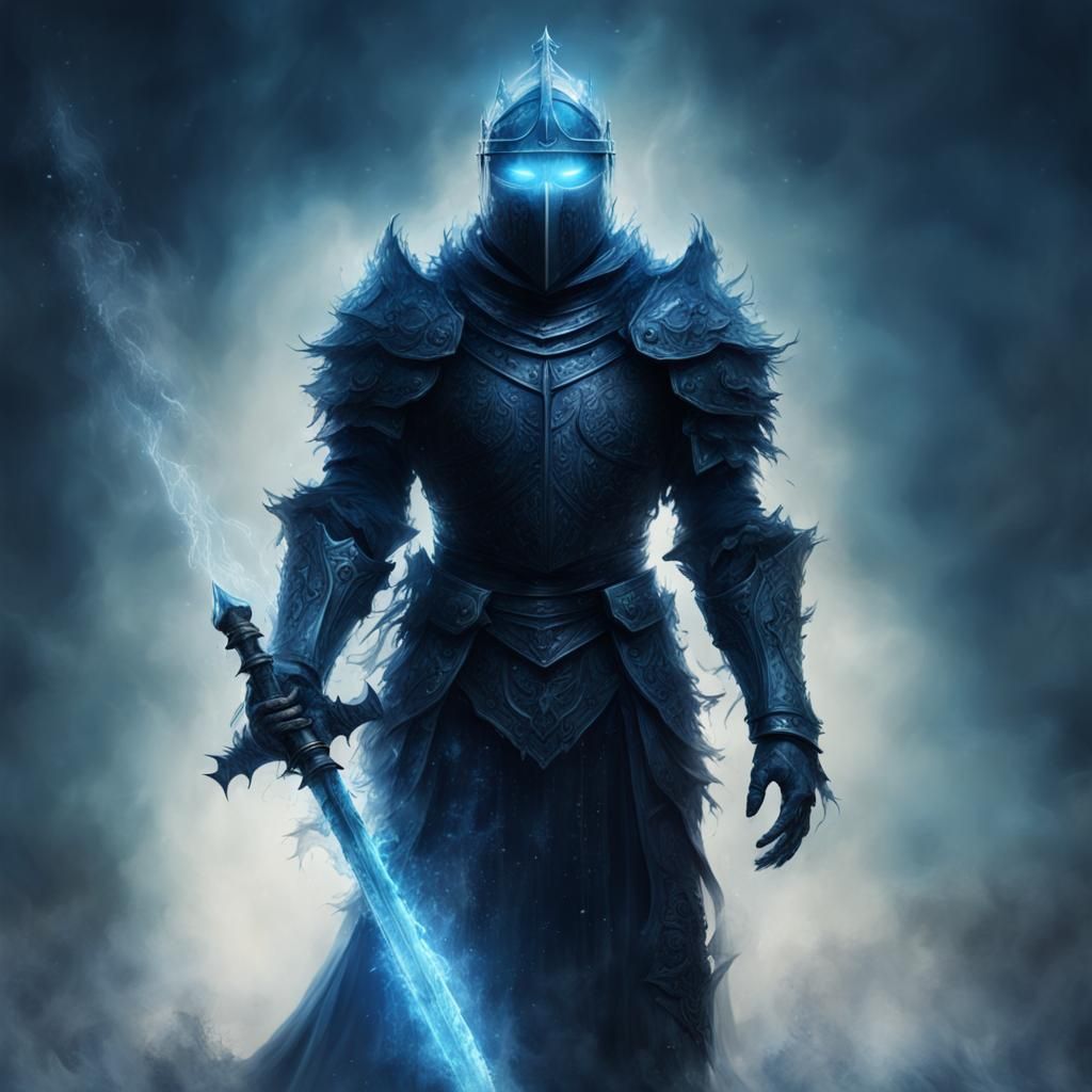 Ethereal Knight with Blue Wisps in Dark Art Style