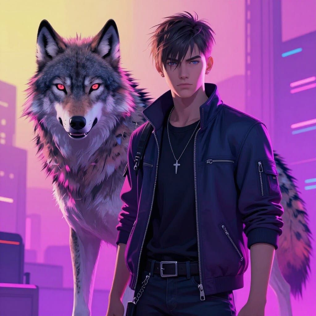 Teenage Boy and Wolf in Cyberpunk Neon City