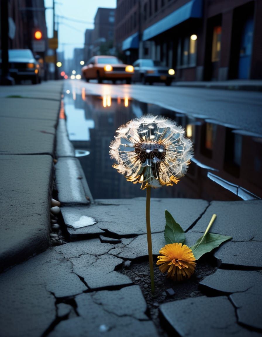 Dystopian Metal Dandelion Blooms in Cyberpunk City