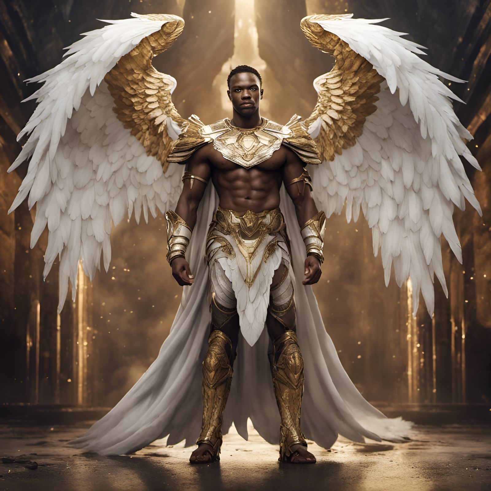 Muscular African Angel in Gold Armor, Detailed Portrait