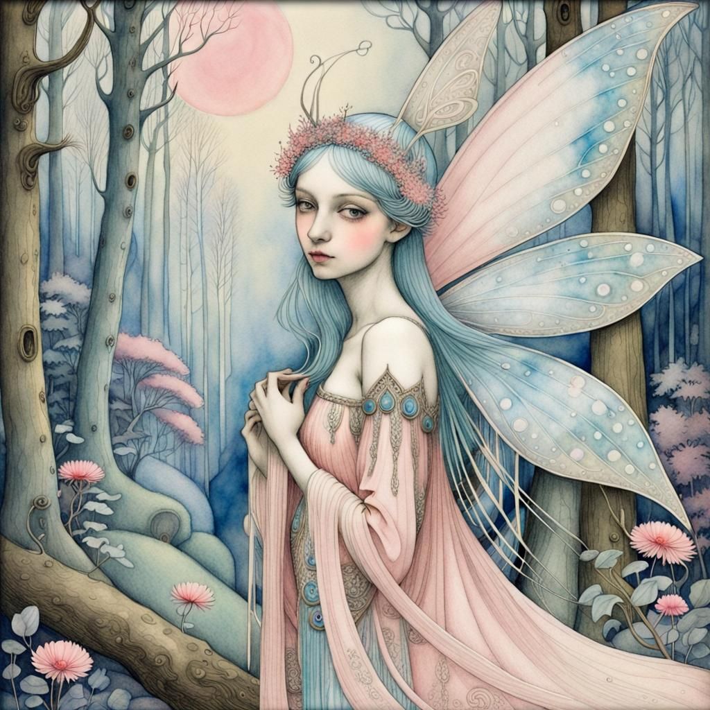 Whimsical Fairy in Woodland, Golden Age Illustration