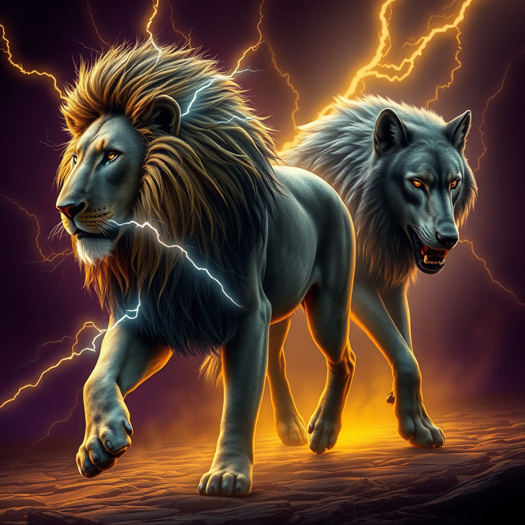 Electrified Lion and Wolf in Dark Fantasy Realm