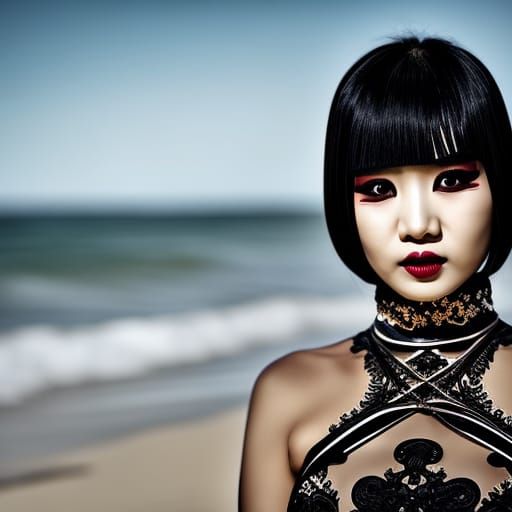 Hyperrealistic Asian Goth Girl on Beach
