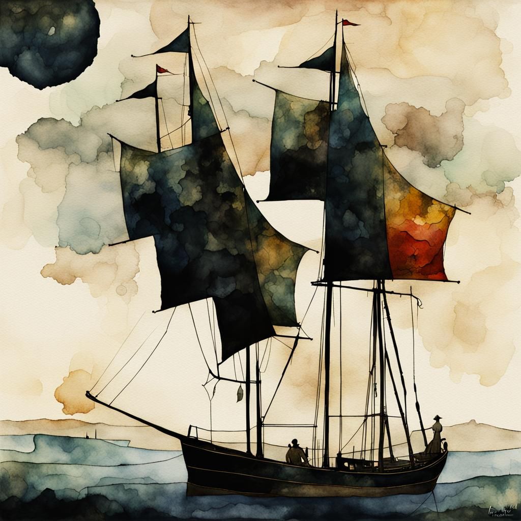 Unconventional Sailboat in Watercolor Steampunk Style
