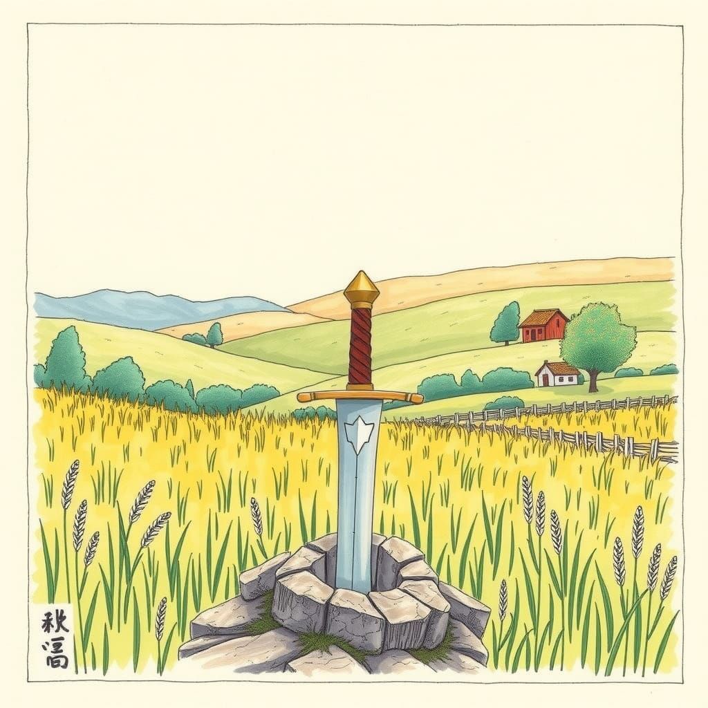 Sword in Field Flat Design Colored Pencil Art