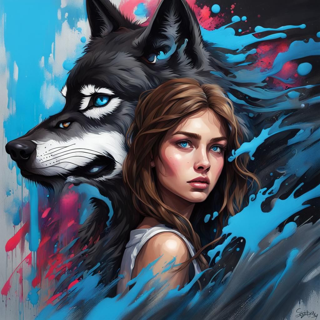 Girl Riding Black Wolf in Graffiti Art Style