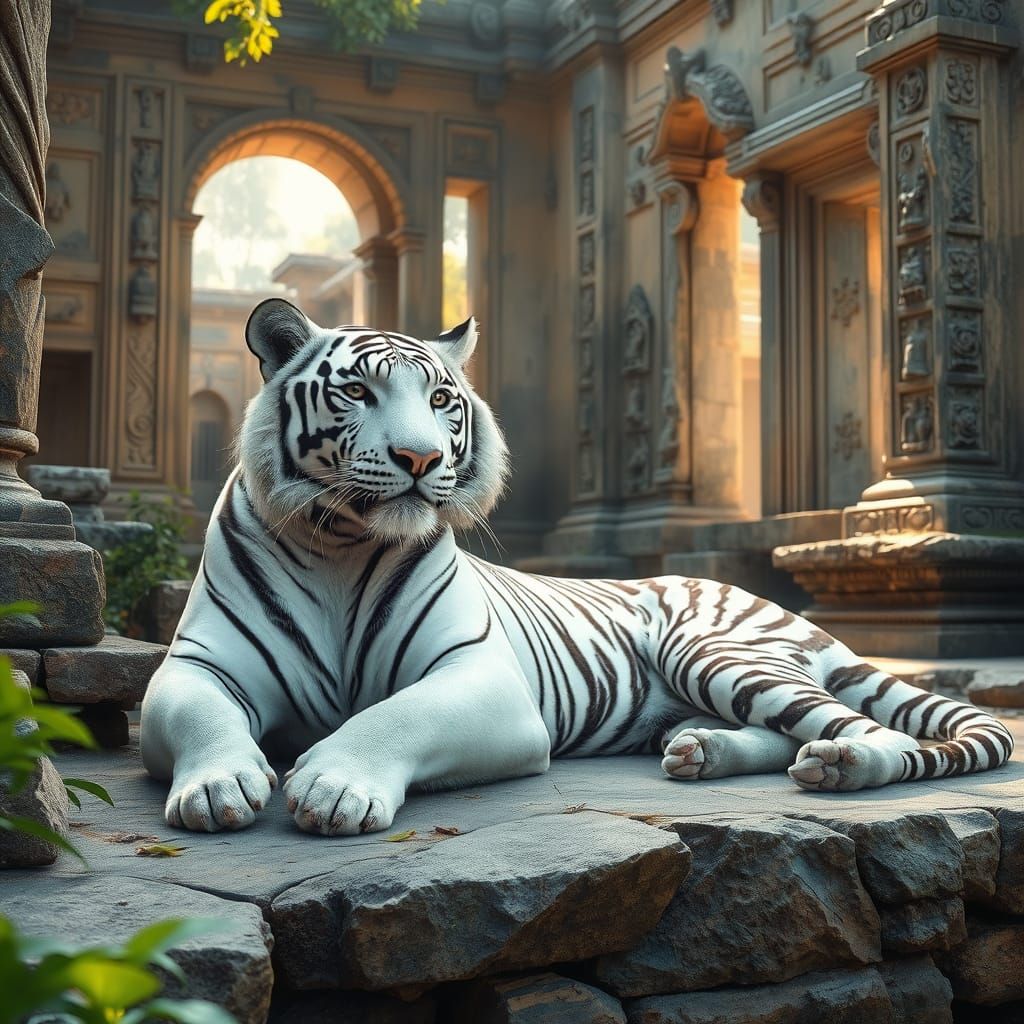 White Tiger Lounging in Ancient Temple Ruins