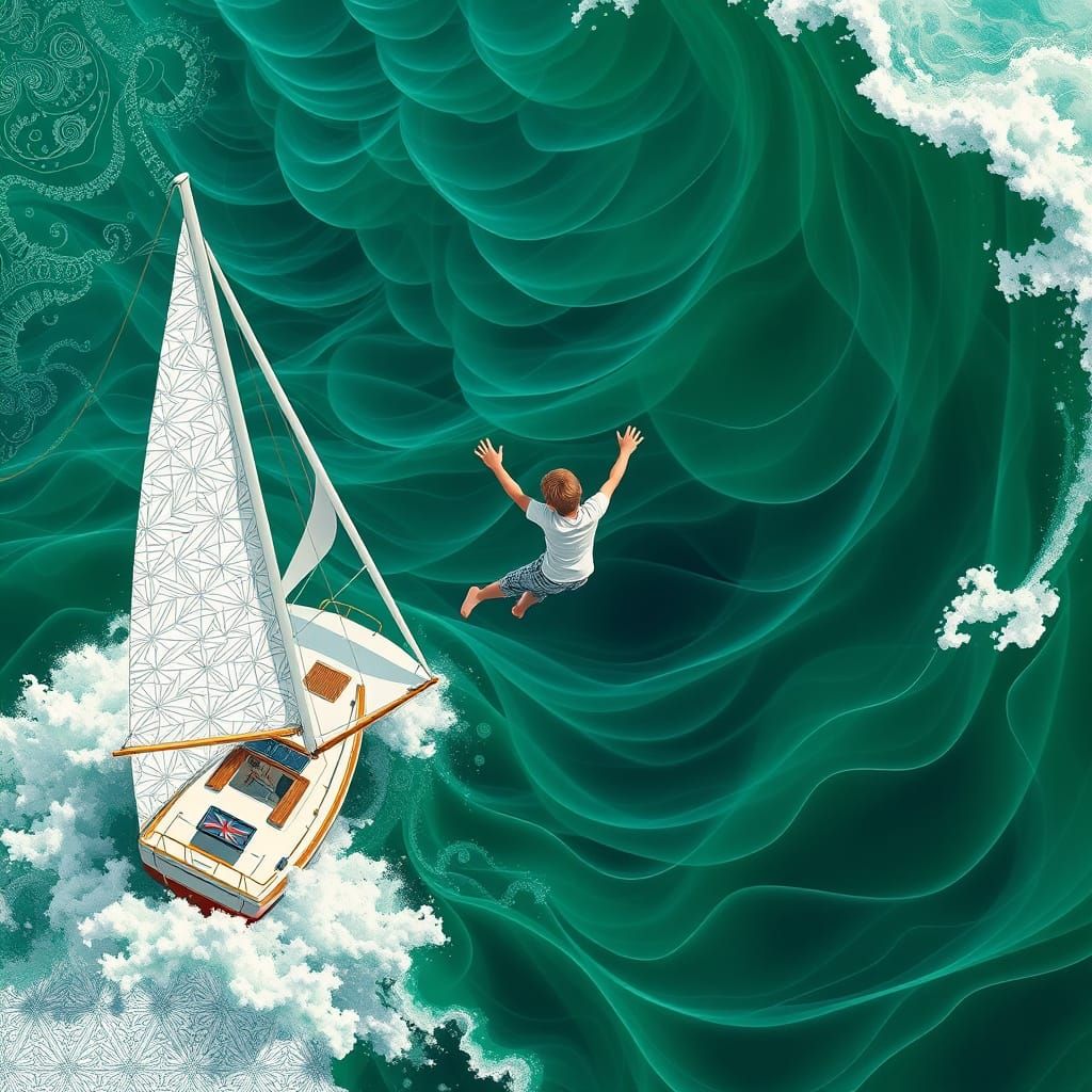 Boy Falling into Ocean with Zentangle Sailboat