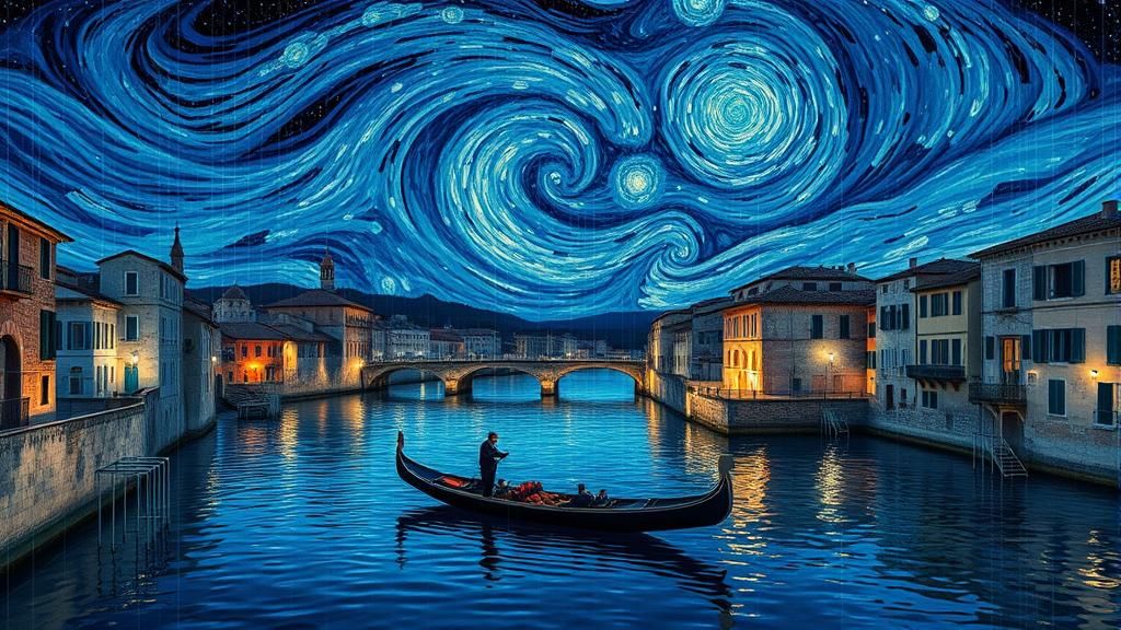 Dreamlike Gondola Journey Through Medieval Starry Night