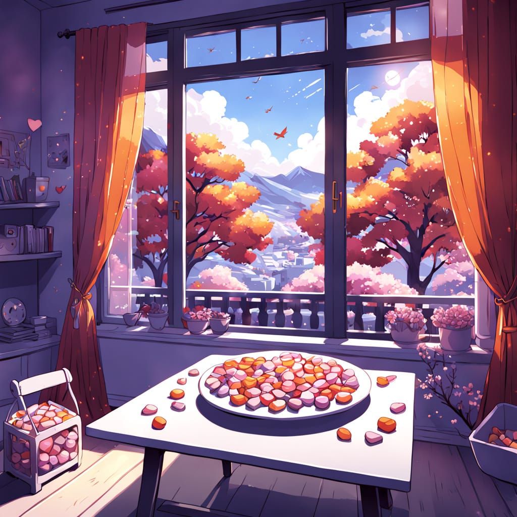 Candies Scattered on a Bright and Cozy Table in a Floral Roo...