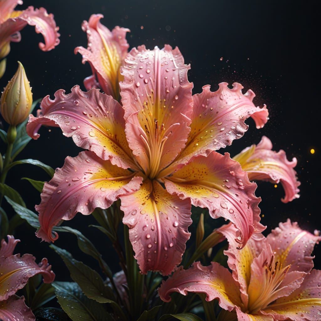 Clay Stargazer Lily with Dew Drops in 3D Style