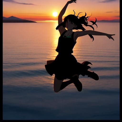 Girl's Silhouette Jumping at Sunset in Anime Style