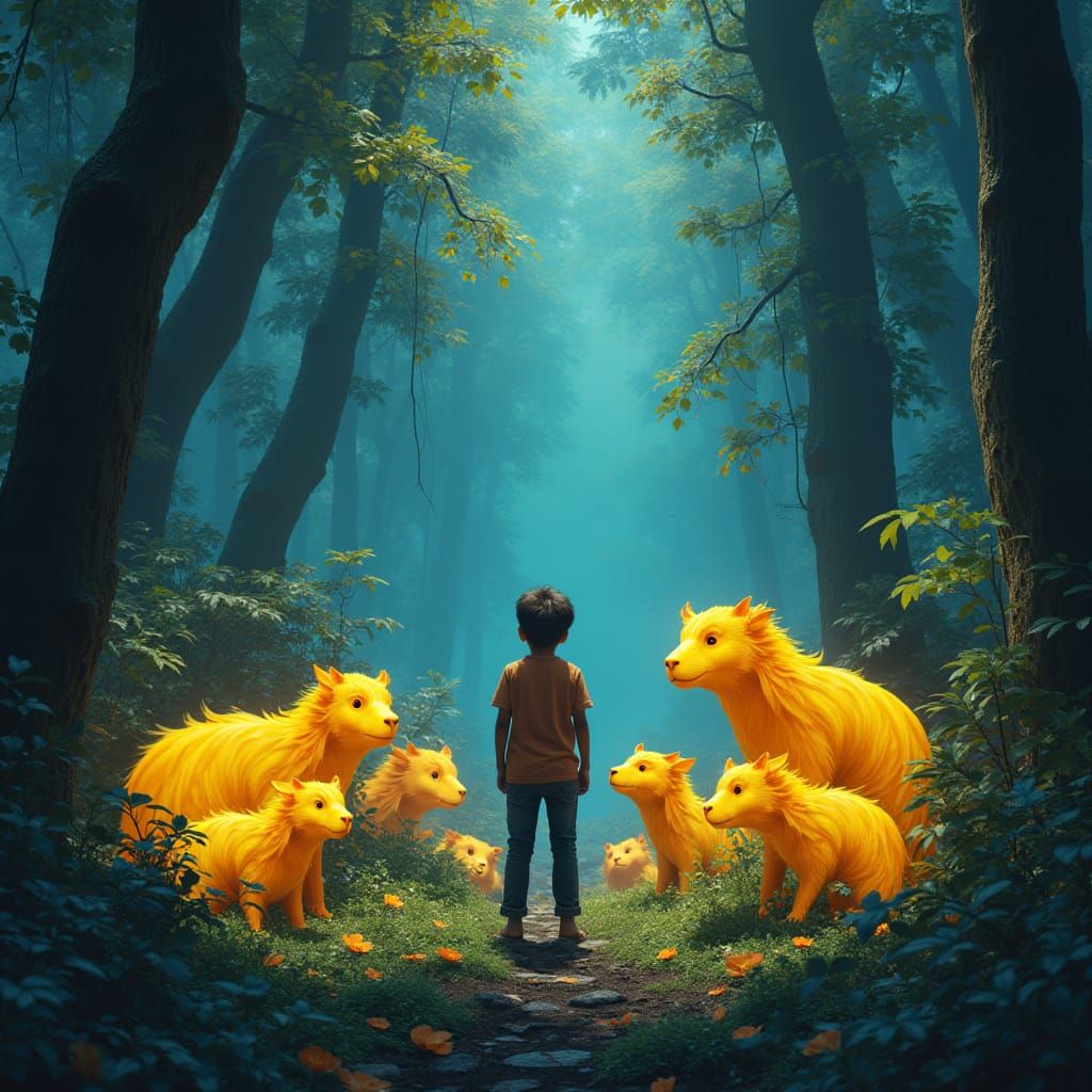 Boy with Neon Forest Animals in Matte Painting Style