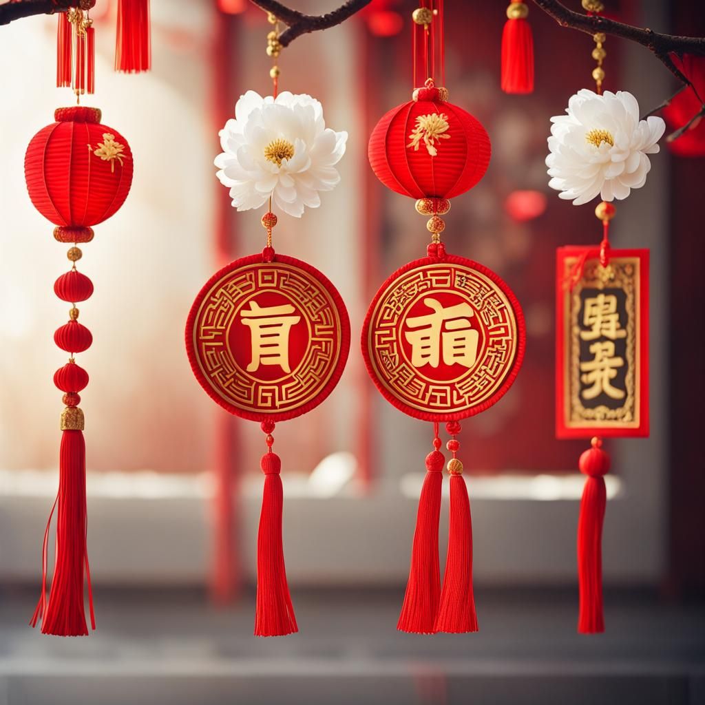 Chinese New Year Ornaments with Red Tassels