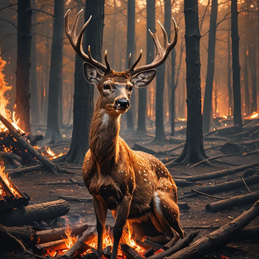 Deer by Campfire in Forest: Photorealistic Illustration