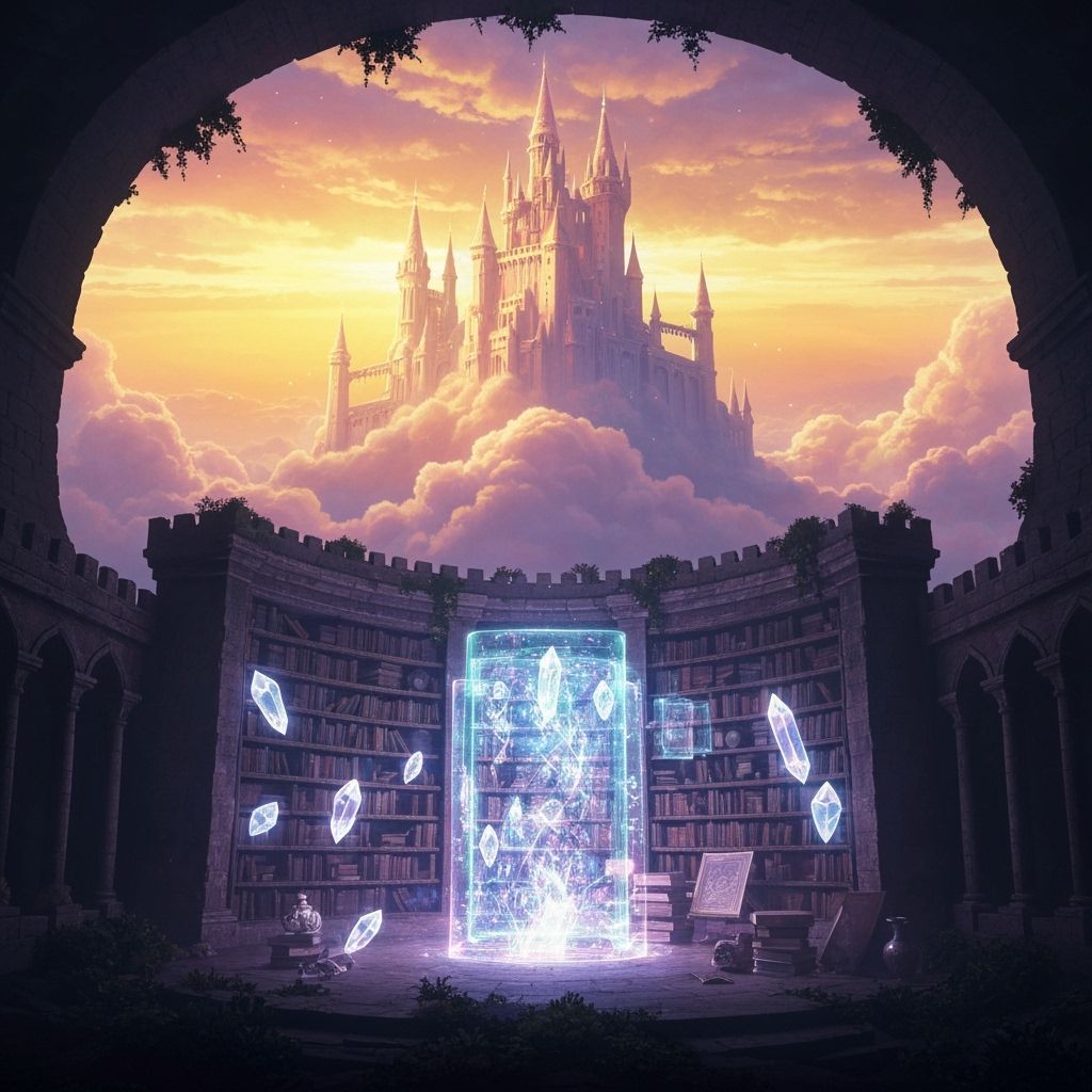 Magical Cloud Castle and Ancient Library at Sunset