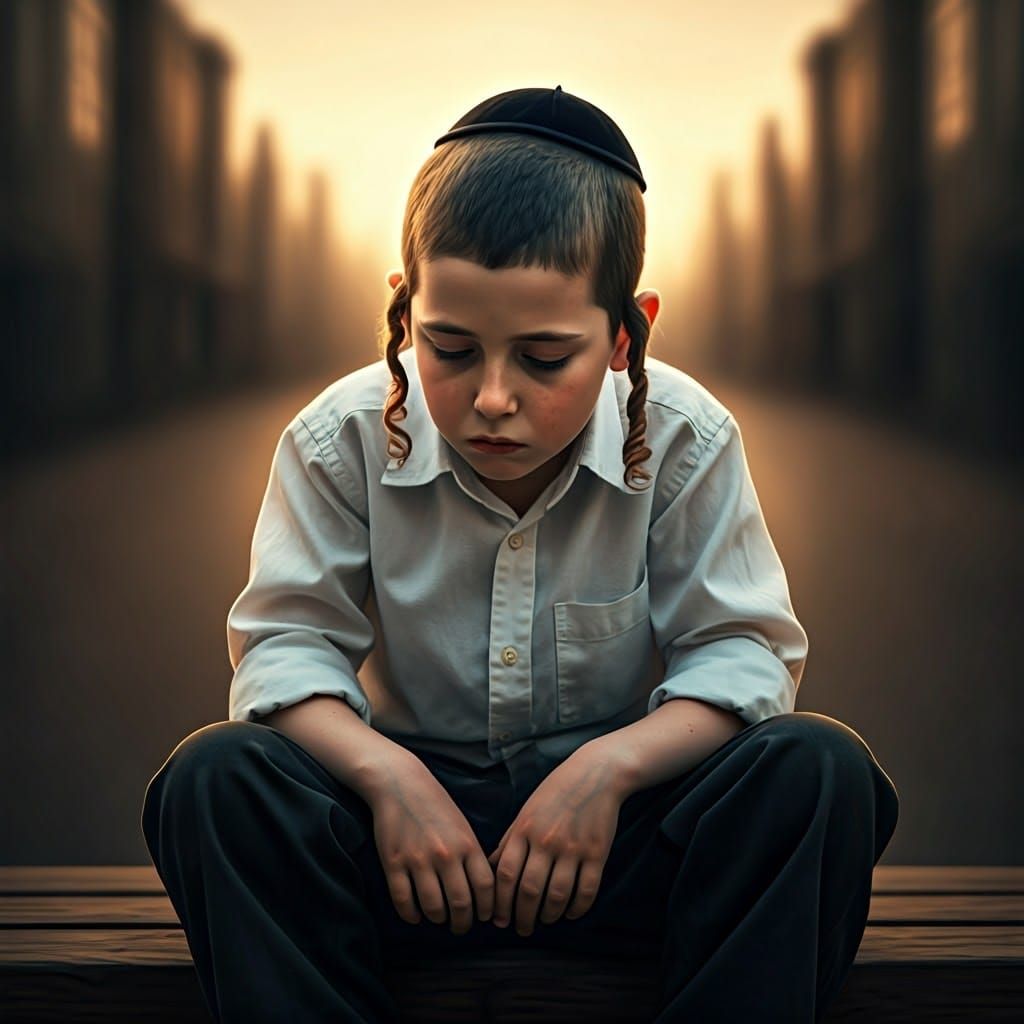 Weary Ultra-Orthodox Boy in Dreamy Folk Art Style
