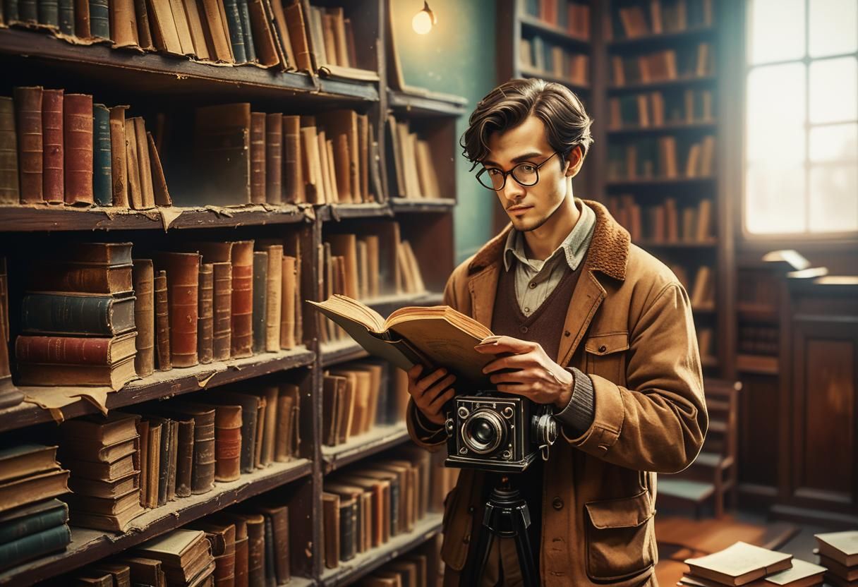 Photographer in Library, Retro Storybook Illustration