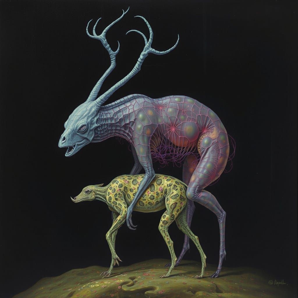 Vivid Surrealist Creatures in a Dark, Dreamlike Realm