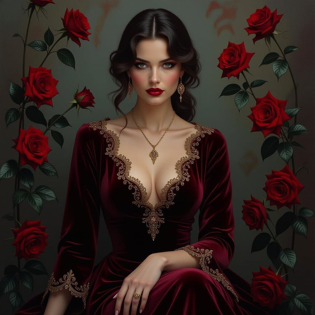 Melancholic Woman in Crimson Velvet Amidst Wilting Roses