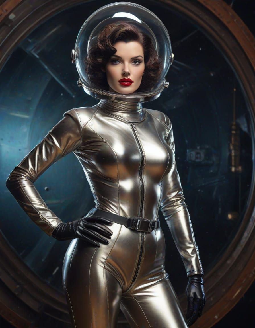Retro Sci-Fi Pinup in Silver Spacesuit