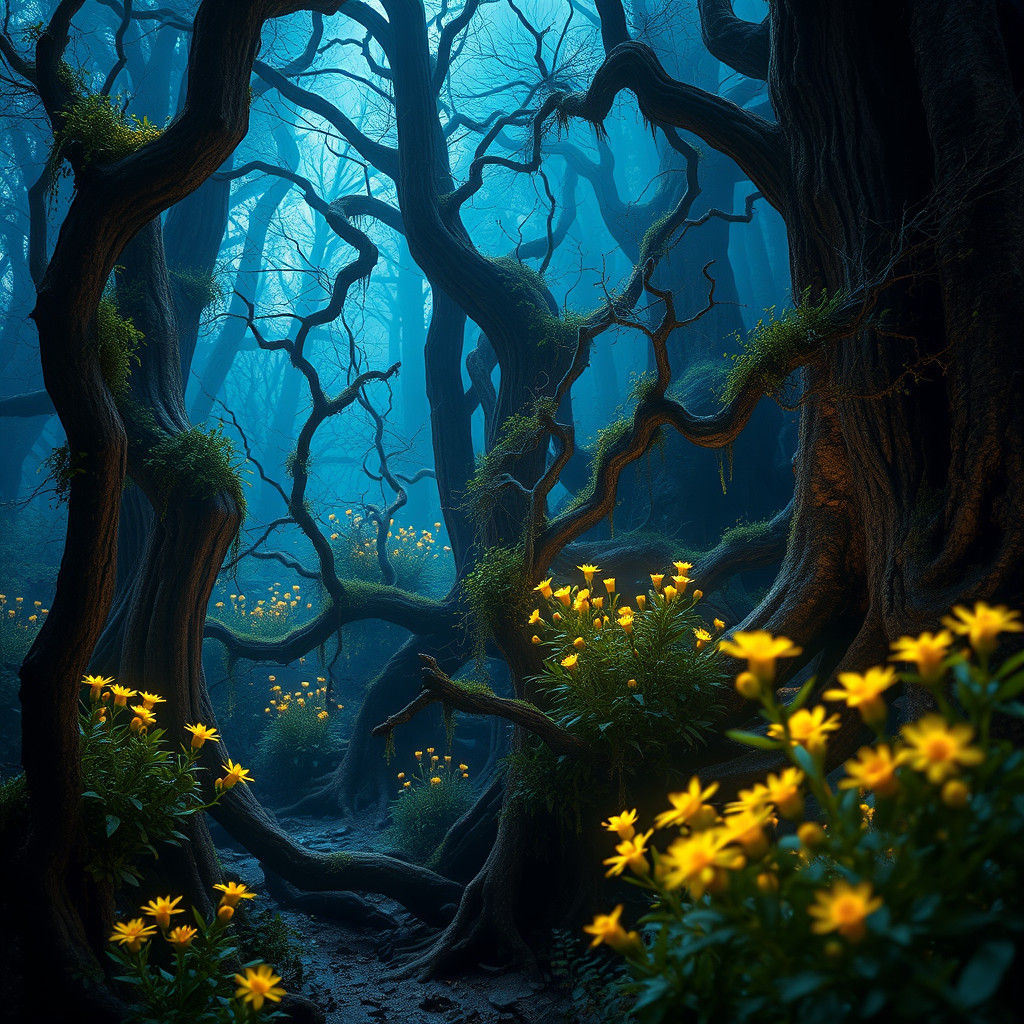 Mystical Dark Forest with Glowing Flowers