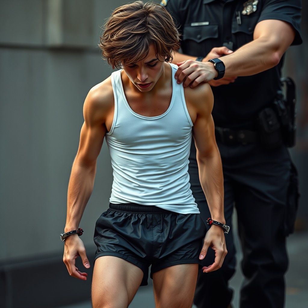 Young Man Detained by Police in Short Shorts and Tanktop