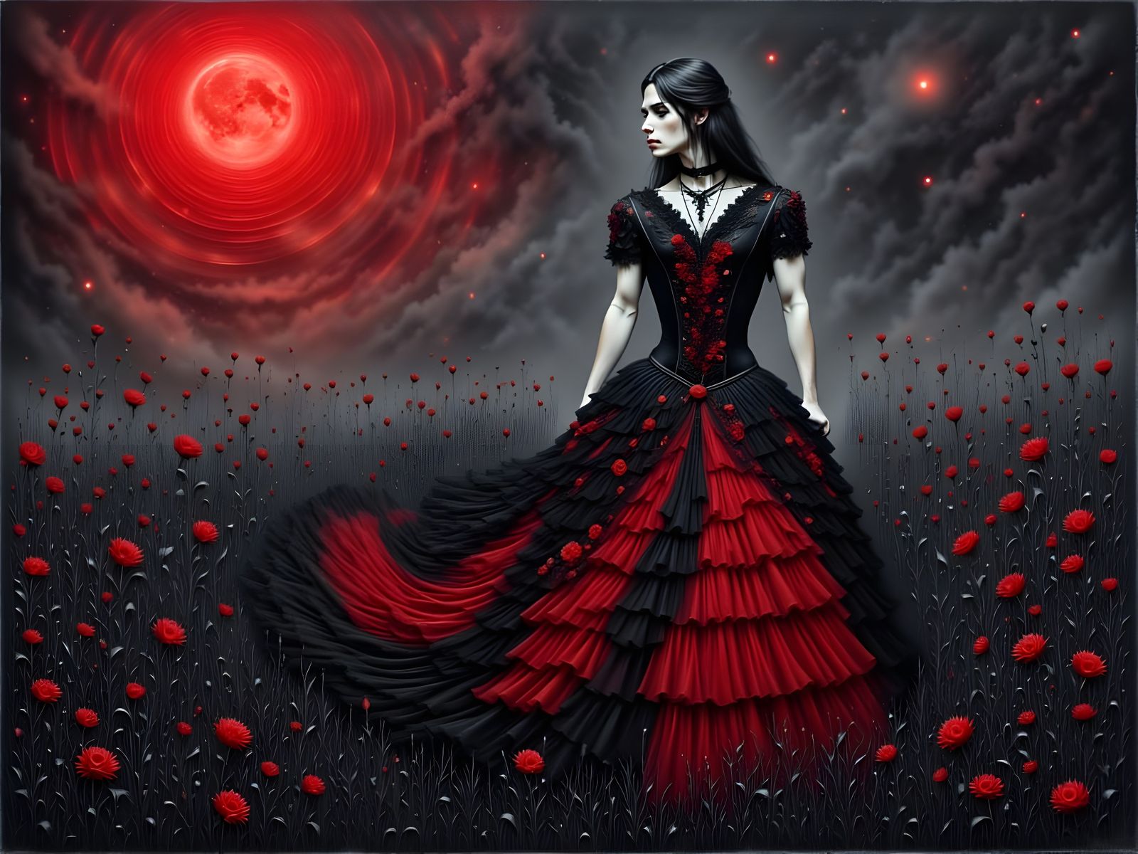 Gothic Man in Ruffled Dress in Geometric Meadow