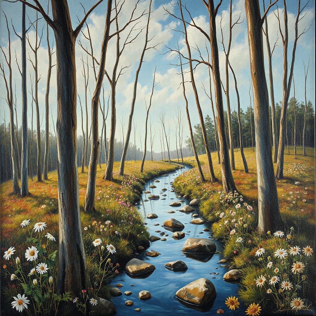 Surreal Stream in Woods: Dali-esque Oil Painting