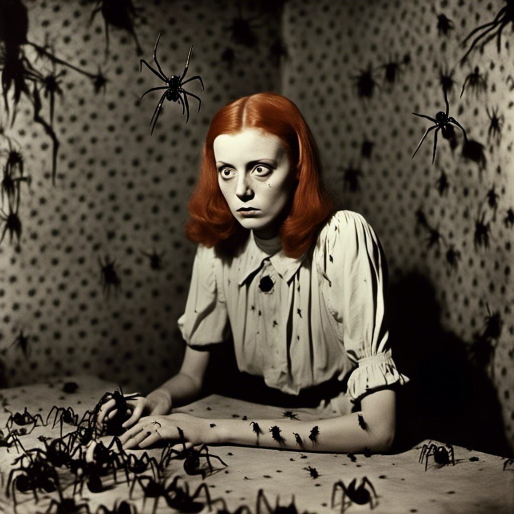 Scared Redhead Woman Surrounded by Spiders