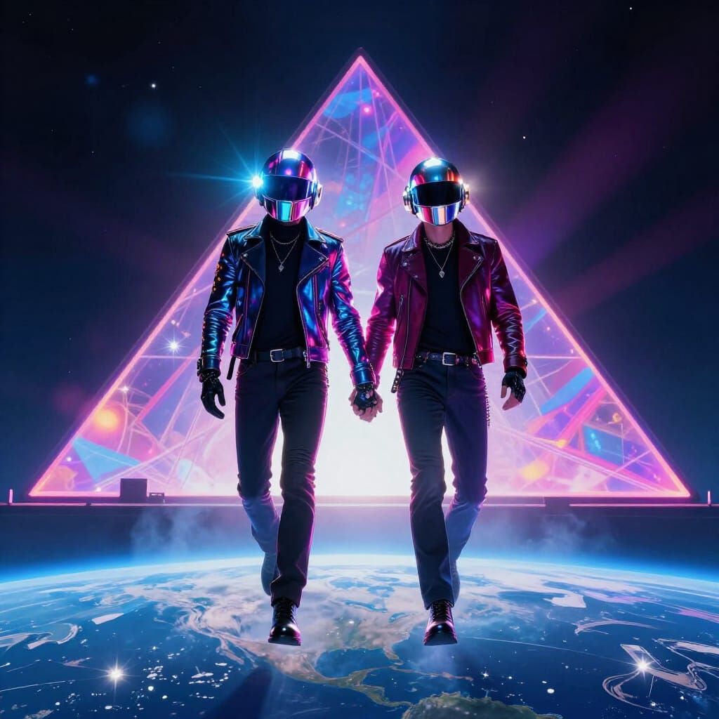 Daft Punk Pyramid Performance Above Earth in Cyberpunk Style