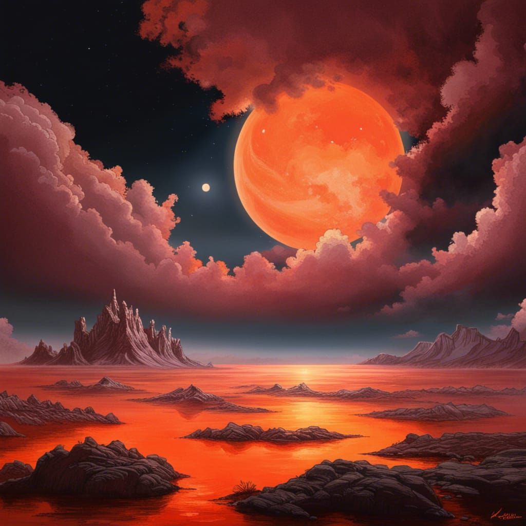 Pink Moon and Orange Clouds in Sci-Fi Seascape