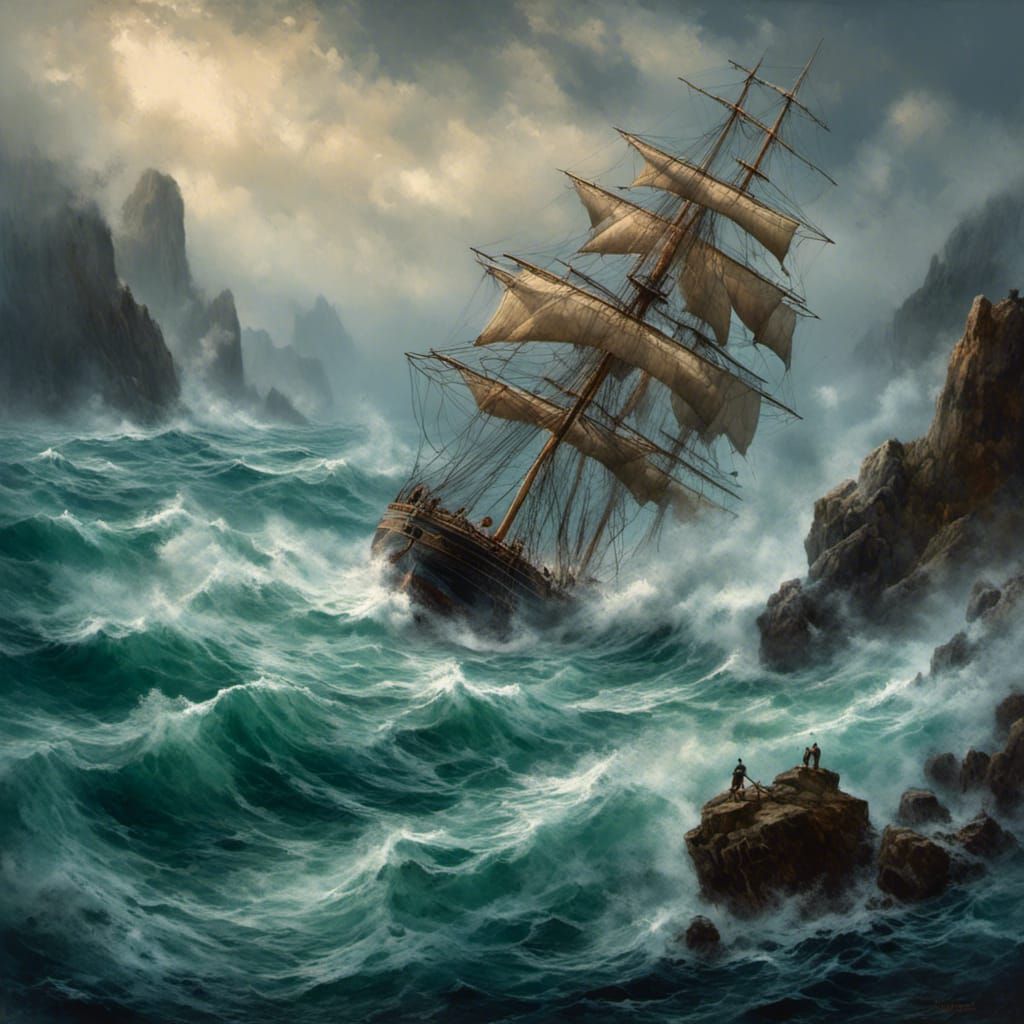 Schooner Battles Storm Waves Near Rocky Islet