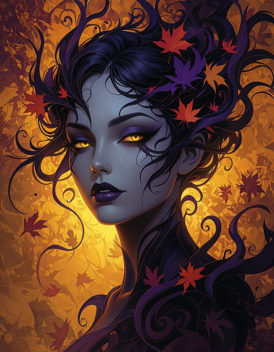 Dark Fantasy Female Face in Autumn Hues