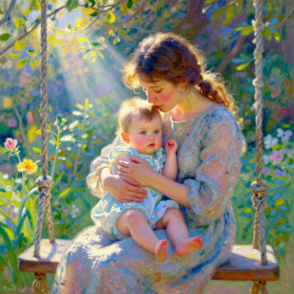 Mother Cuddles Baby on Swing in Vibrant Garden